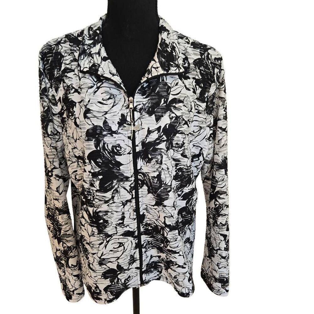 Erin London Womens Black White Floral Zip Front Semi Sheer Jacket Size Large
